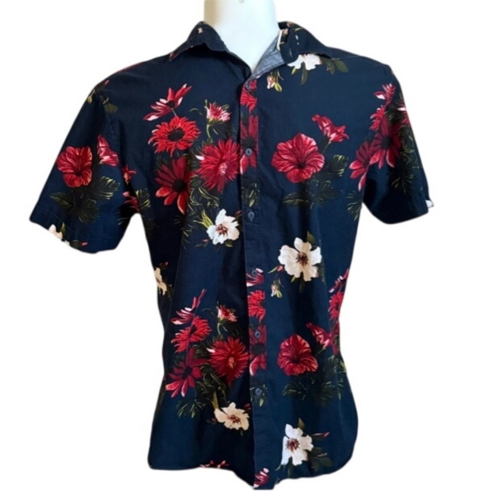 Cactus Man Ricky Singh Mens Large Floral Hibiscus Button Down Shirt Navy Blue L